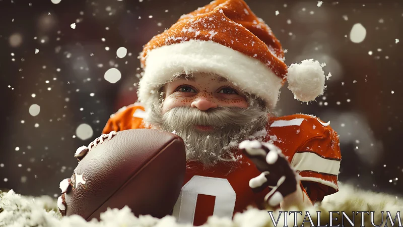 Child in Santa football uniform holds ball amid snowfall