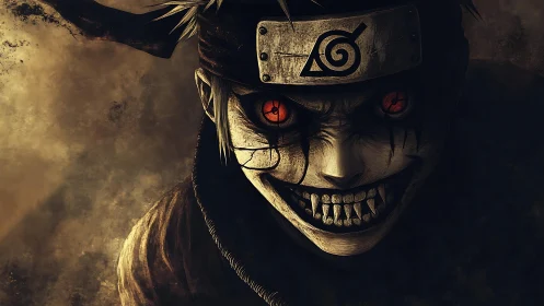 Demonic shinobi portrait with glowing red eyes and feral grin