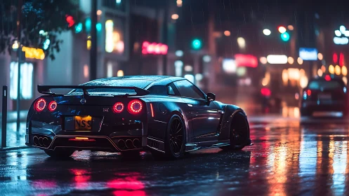 Sports car stands in neon lit rainy city street at night