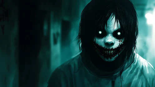 Horror digital portrait with glowing eyes and stitched grin.
