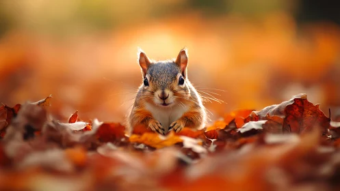Autumn ground-level portrait of squirrel in shallow bokeh field.