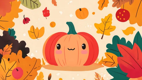 Smiling pumpkin amid playful autumn foliage illustration.
