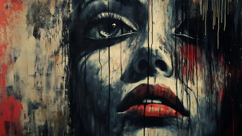 Expressionist portrait with dripping textures and high contrast.