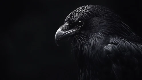 Raven portrait cloaked in deep monochrome shadowed light.