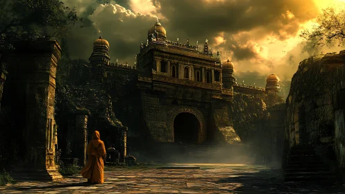 Digital painting of ruined temple fortress under storm light.