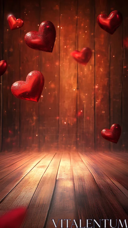 Floating Crimson Hearts Dance Against Glowing Wooden Depths