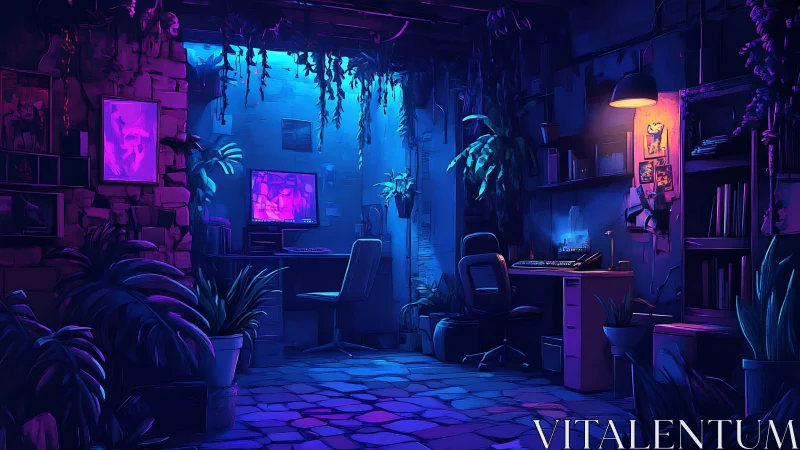 Neon cyberpunk studio glows within lush urban jungle.