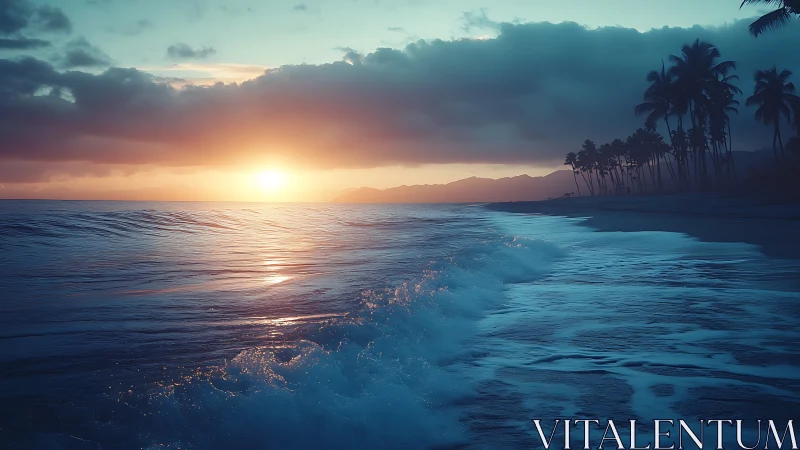 Sunset light washes tropical shoreline under dense clouds