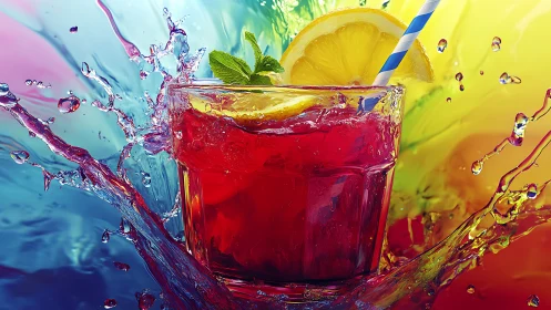Vibrant beverage splashes across colorful gradient backdrop.
