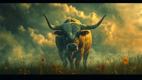 Majestic longhorn stepping calmly through a golden storm sky.