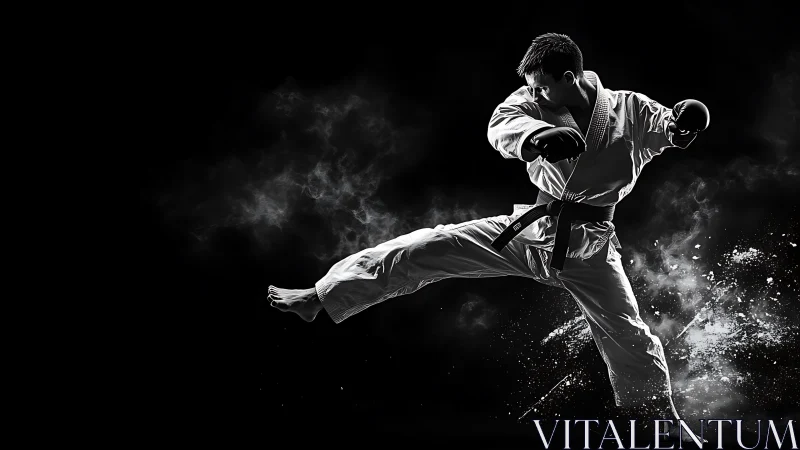 Karate fighter executes dynamic side kick in dark studio