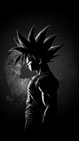 High-contrast anime silhouette in monochrome profile rendering.