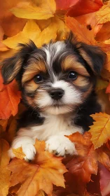 Cute tricolor puppy lying in bright orange autumn leaves.