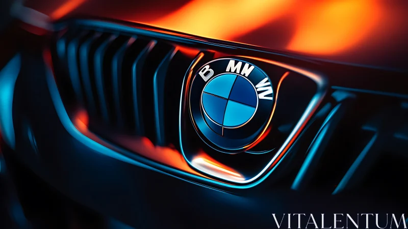 Close-up BMW front grille emblem under neon lighting.