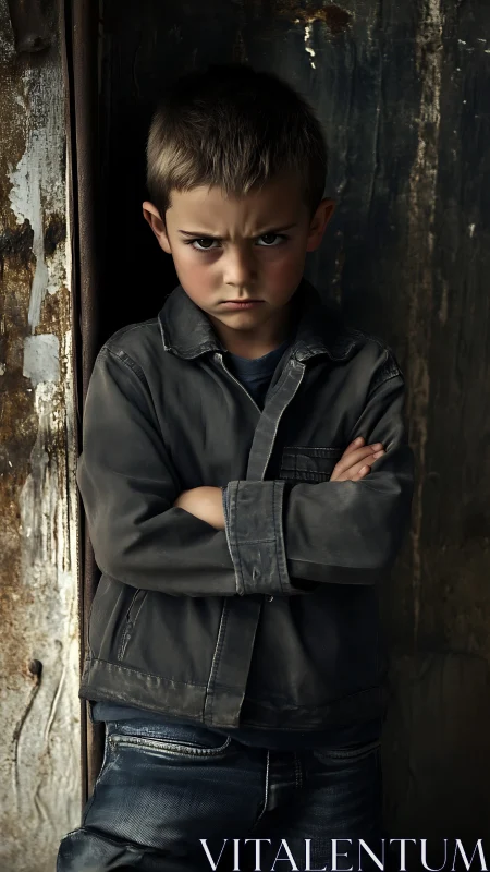 Young Boy Portrait in Deteriorating Industrial Setting