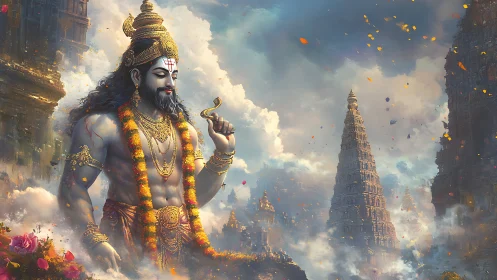 Divine warrior deity dominates ethereal temple skyline in clouds