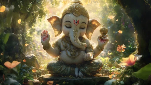 Elephant-headed deity statue in forest clearing with ornaments.