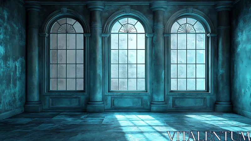 Icy blue hallway glows through three grand arched windows