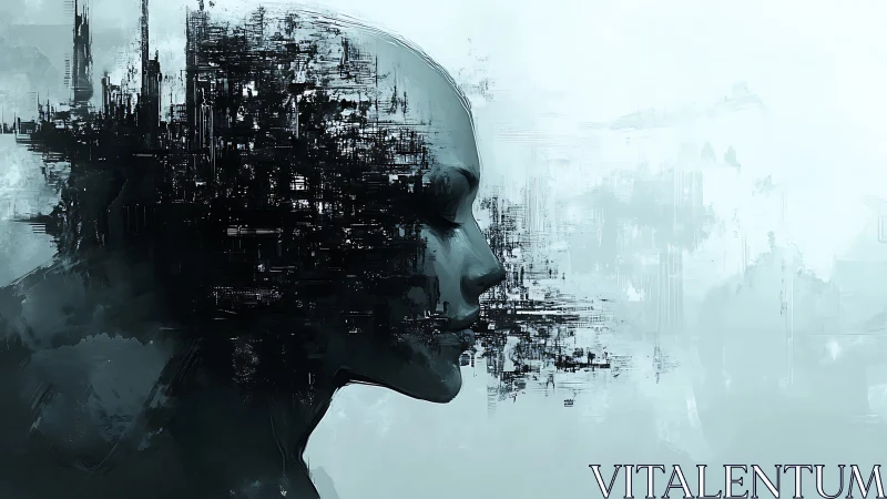 Abstract human profile with fragmented digital distortion.