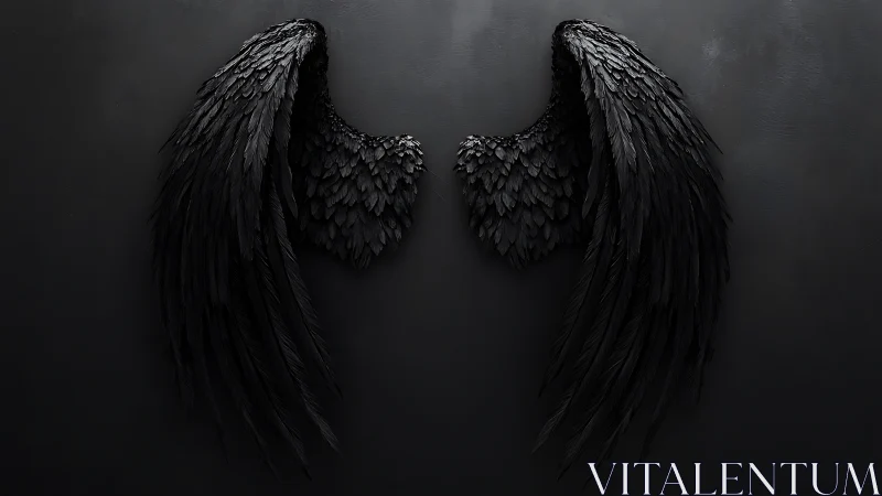 Dark feathered angel wings on shadowed black wall.