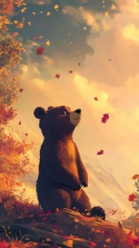 Young bear standing on hill under warm autumn sky.