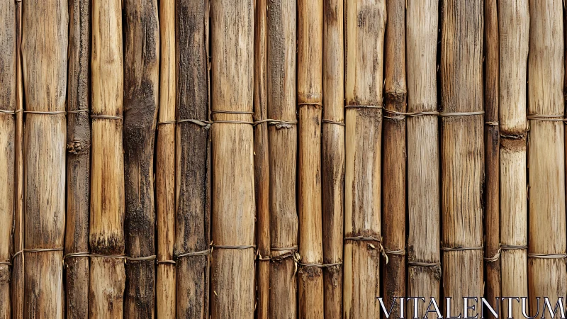 Vertical bamboo stalk wall shows weathered natural texture