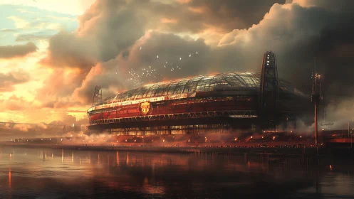 Stormlit riverside arena humming with duskfire anticipation.