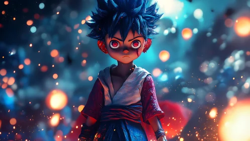 Fiery-eyed child warrior strides through ember-bright dusk.