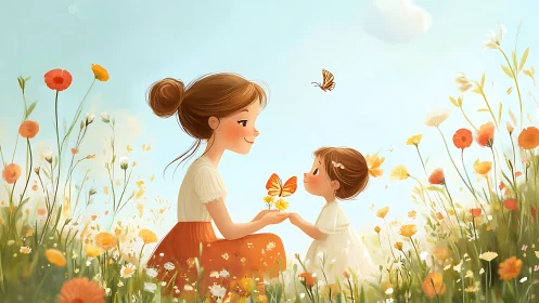 Maternal interaction with butterflies in luminous floral meadow.