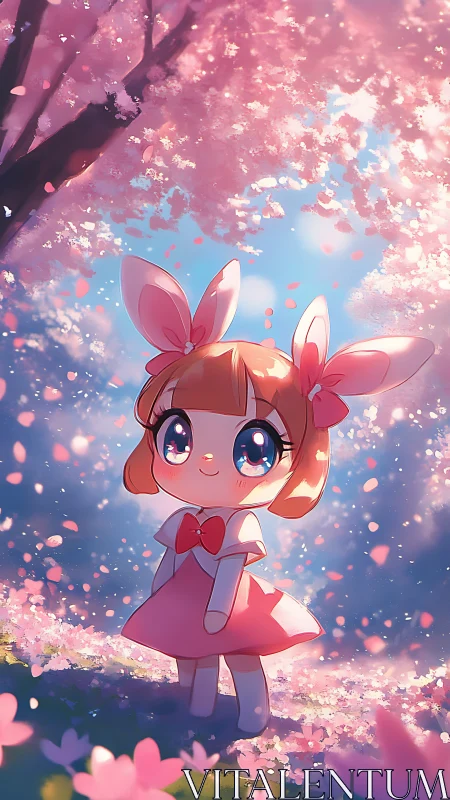 Sweet bunny-eared girl wandering under dreamy cherry blossoms.