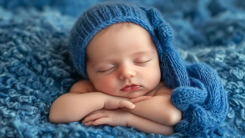 Sleeping Newborn in Blue Knit Bonnet and Textured Wrapping.