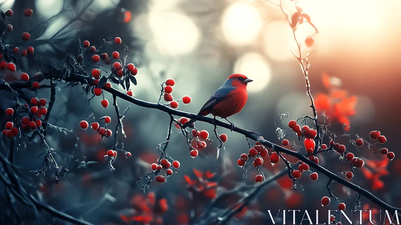 Vibrant red bird on berry branch in dreamy, artistic lighting.
