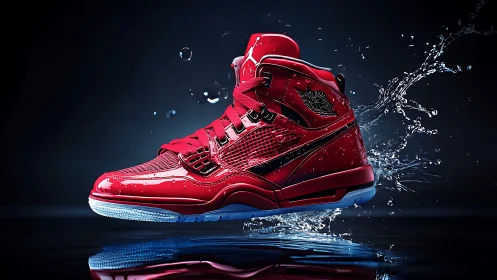 Red high-top sneaker splashes through water in dramatic light