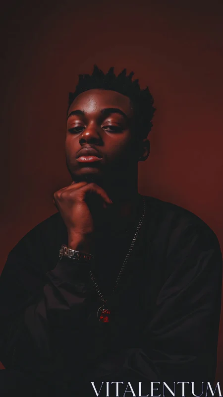 Moody low key portrait with contemplative pose and rich shadows.