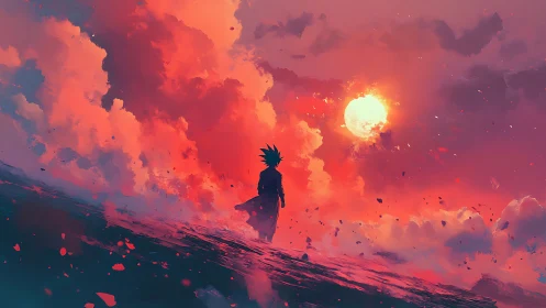 Backlit anime warrior silhouette under volumetric crimson sky