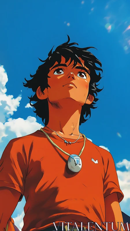 Sunlit youth in red shirt under expansive summer sky.