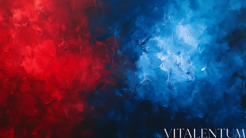 Red and blue impasto abstraction with dynamic color fields.