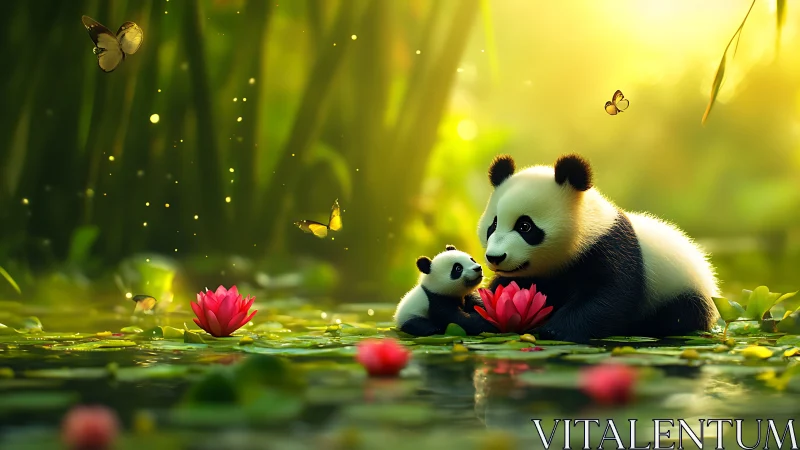 Panda mother teaches lotus magic beside a lantern-bright pond