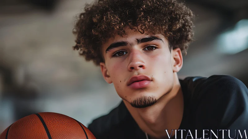 Young basketball player gazes intensely toward camera