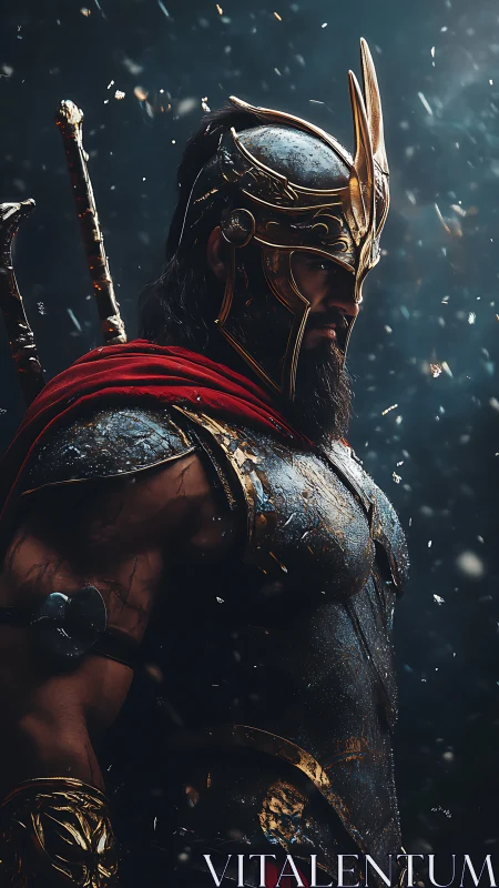 Battleworn armored warrior in dynamic rim lighting and drifting sparks