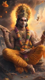 Radiant Hindu deity sits in calm meditation among soft clouds
