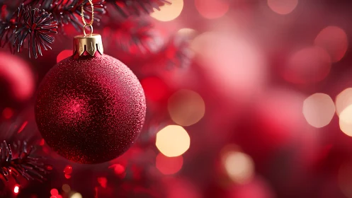 Macro close up of red Christmas ornament with warm bokeh