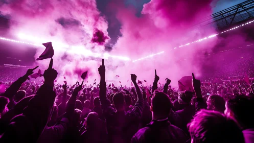 Stadium crowd in magenta haze celebrating under flares.