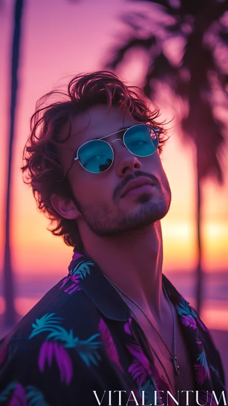Neon sunset portrait isolates stylized figure in vibrant bokeh glow