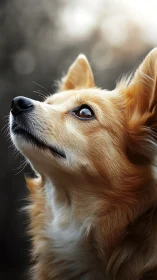 Dog looks upward in closeup portrait with soft background