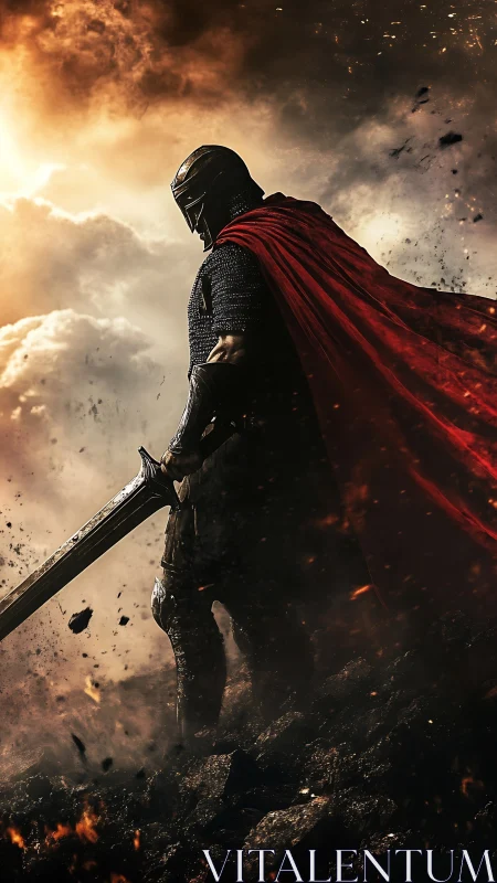 Armored warrior stands defiant beneath burning storm clouds