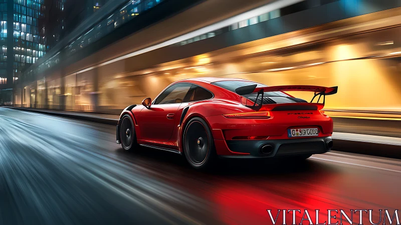 Red sports car races through a glowing city night street