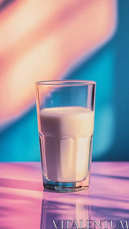 Glass of milk on reflective surface with neon lighting.