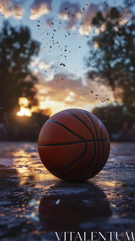 Basketball on wet outdoor court at sunset in shallow focus.