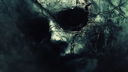 Surreal cracked visage in shadowed monochrome composition.